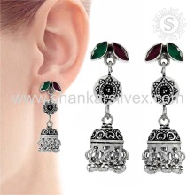 Jhumka Jóias Mulheres Onyx Verde Ruby Sterling Silver Jóias Gemstone Earring Indian Silver Jewelry