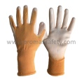 Guantes de punto de poliéster de color naranja con blanco PU de inmersión