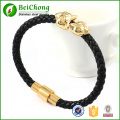 Tête de lion d'or en cuir véritable noir bracelet en acier inoxydable