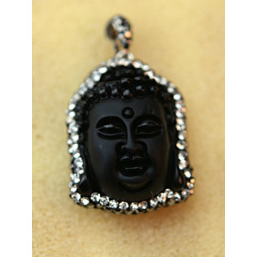 Fashion Obsidian Stone Buddha Head Pendant Necklace Jewelry with Crystal