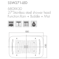 Pommeau de douche de 27 &#39;&#39; à montage au plafond avec fonction LED / pluie + brume + bulle