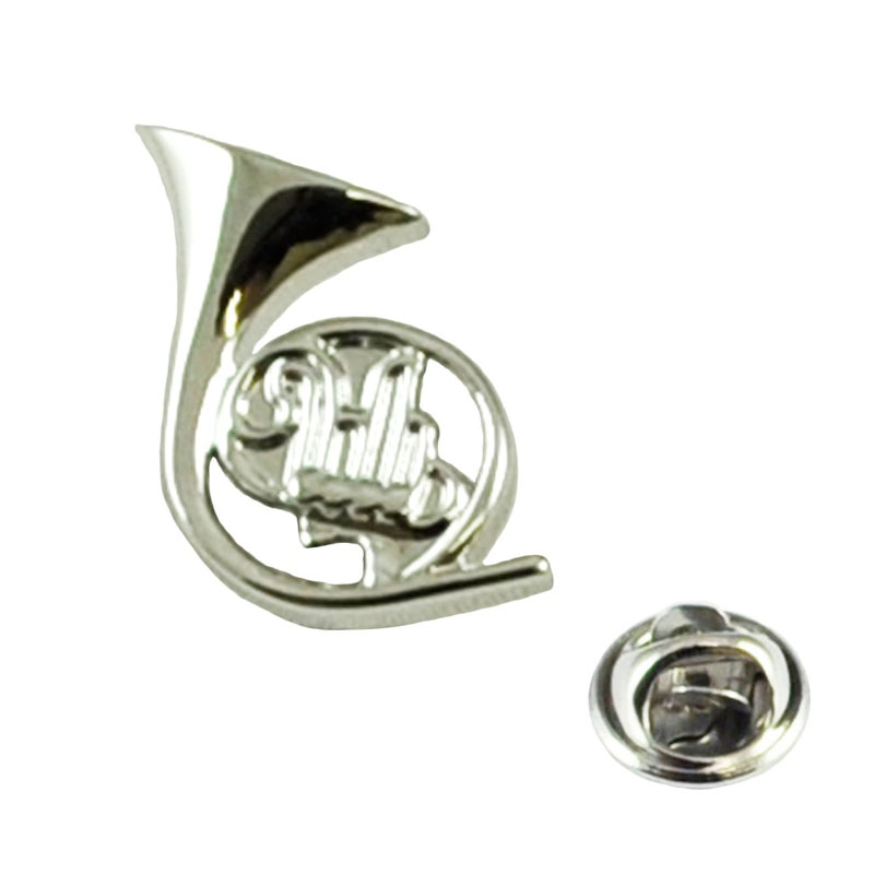 Silver French Horn Musical Instrument Lapel Pin Badge