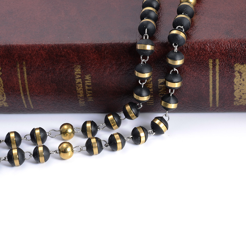 Black Rubber Beads Catholic Rosary Cross Necklace