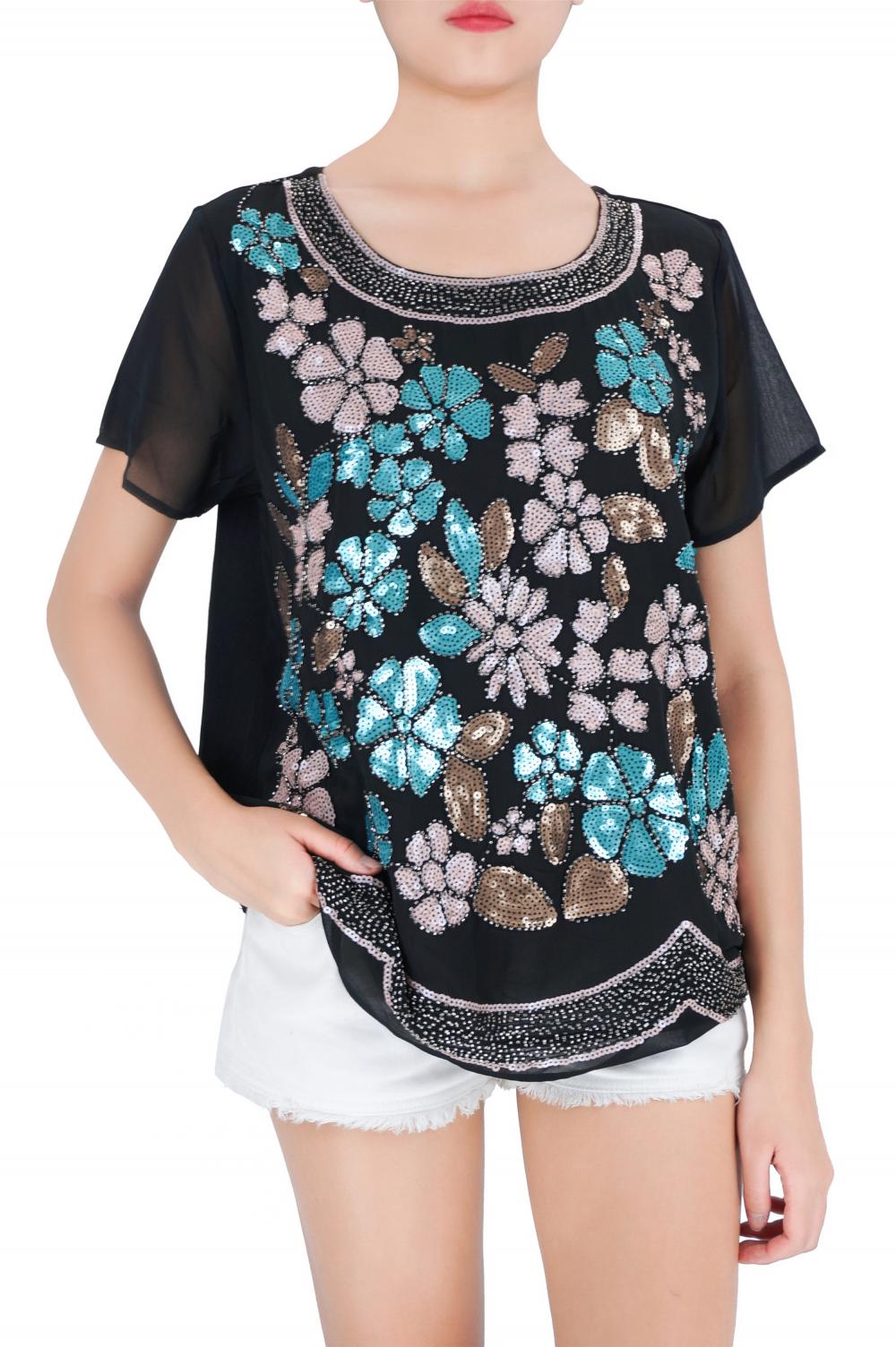 Multi Colors Embroidered Woman's Short Sleeves