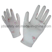 Imprimé des gants de travail Polyester avec PU paume enduite (PN8014-3)