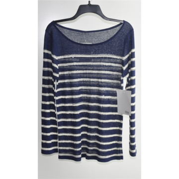 Round Neck Striped Pullover Knit Sweater for Ladies