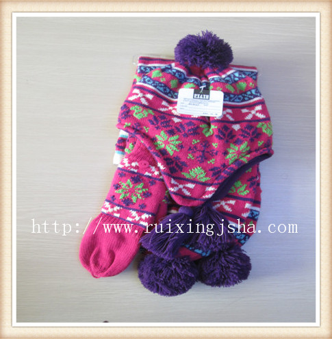 girl's Jacquard knitted gloves scarf hat