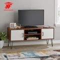 Walnut Wood Metal TV Stand with Shelves