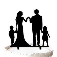 Silhouette Groom and Bride with Two Kids Anniversary Cake Topper