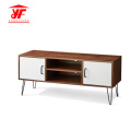 Walnut Wood Metal TV Stand with Shelves