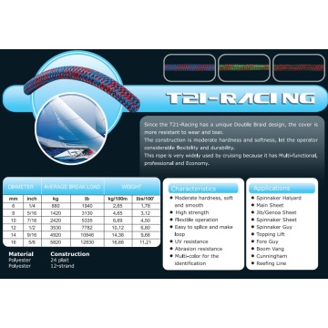 Vários Tamanhos T21-Racing Halyad / Folha &amp; Corda de Controle para Racing / Keel Boat / Multihull