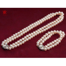 8-9mm Double Strands Round Pearl Necklace Bracelet Set