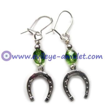 Evil Eye Lucky Horseshoe Charm Green Dangle Earrings