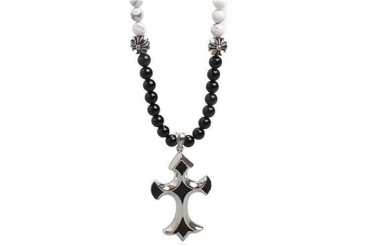 Agate Stone Bead Stainless Steel Cross Pendant Necklace