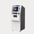 Banco innovador de cajeros automáticos con billetes y dispensación de monedas.