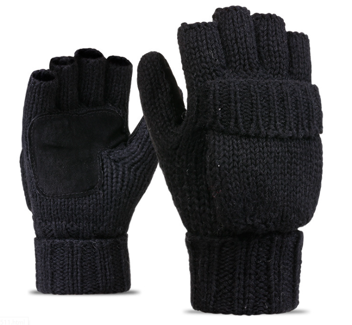 Leather Palm Acrylic Knitting Gloves Grey