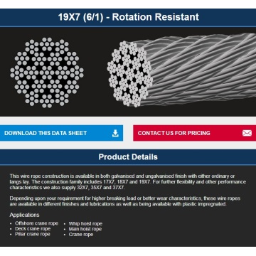 Cable de acero no giratorio para uso offshore / alzamiento / grúa 19 * 7