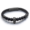 Leather rose gold skull charm onyx bead bracelet