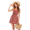 Summer Plaid Strap Dress Backless Lace Short Dress