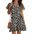 Women's Summer Wrap V Neck Print Ruffle Dress