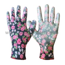 Flower Printed Polyester Knitted Work Gloves with White PU on Palm