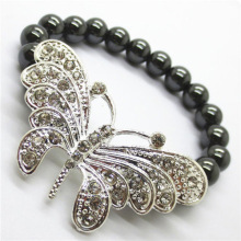 Hematite 8MM Round Beads Stretch Gemstone Bracelet with Diamante alloy big butterfly Piece