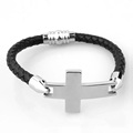 Stainless steel mens leather sideways cross bracelet