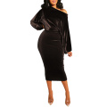 Womens Velvet Long Sleeve Midi Dress