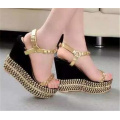 New Fashion Wedge High Heel Ladies Shoes with Rivet (HS17-83)