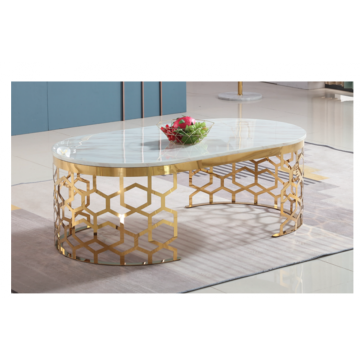 Mesa de centro luxuosa com tampo em mármore e aço inoxidável dourado