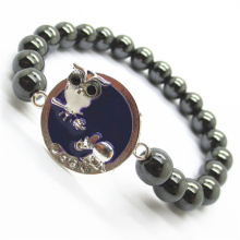 Hematite 8MM Round Beads Stretch Gemstone Bracelet with Diamante alloy Sheep Piece