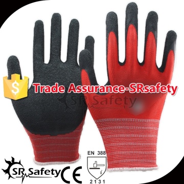 SR SAFETY 13 gauge knitted red polyester coated black latex on palm for safety working gloves