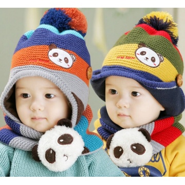 Male Boy Woolen Striped Panda Winter Hat with a Cute Ball