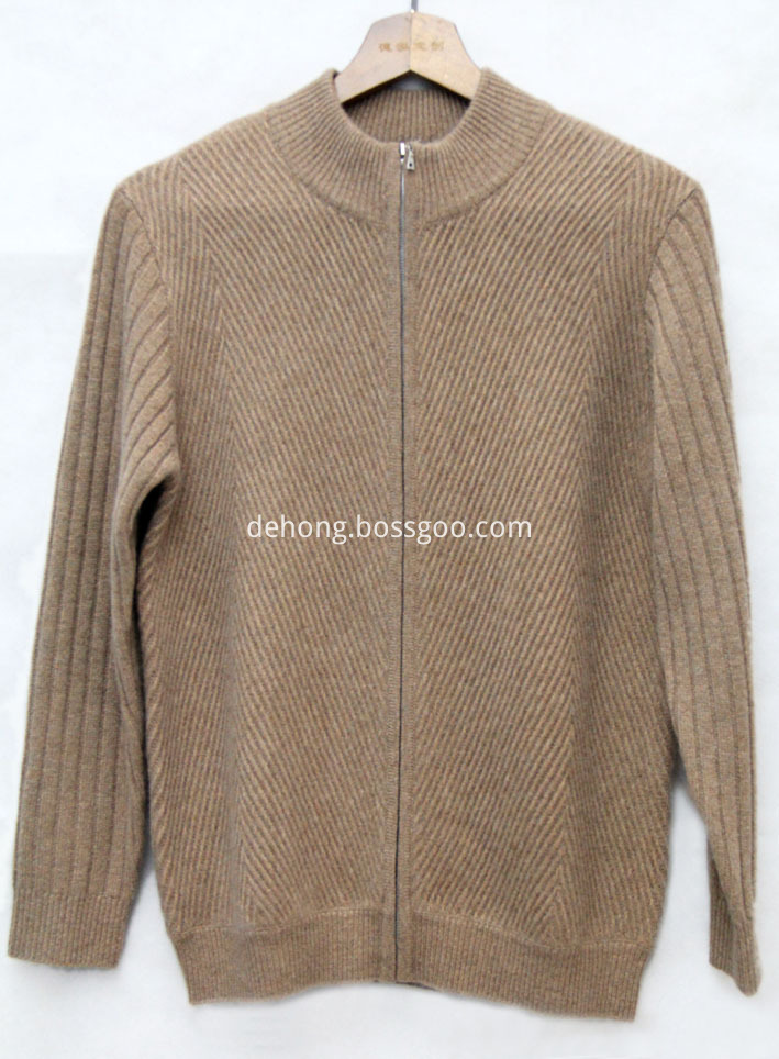 Camel Semi High Collar Zipper Cashmere Cardigan