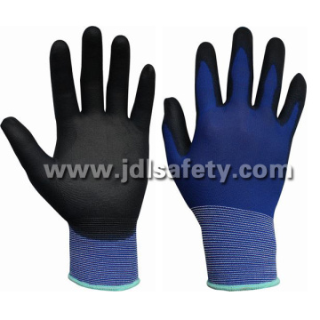 Gants de travail en Nylon bleu avec PU paume enduite (PN8004-15 b)