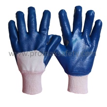 Jersey de algodón azul Nitrile dipped glove con la muñeca de punto