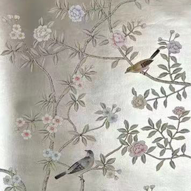 Flower and bird Silver-gray hand-painted wallpaper Flower and bird Silver-gray hand-painted wallpaper
