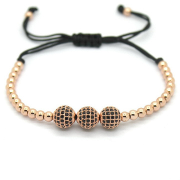 Famous Brand Women Bracelets 8mm Pave Setting Black CZ Bead 18K Rose Gold 4mm Round Bead Braiding Bracelet For Men