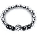 Stainless steel silver lion head bracelet for men made by 8mm black agate stone beads bracelets