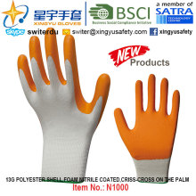 13G Poliéster Shell Foam Nitrilo Palm Coated Gloves (N1000) Criss-Cross na Palm com CE, En388, En420, Luvas de trabalho