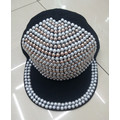 Popular design pearl rhinestone studed rivet flat brimmed snapback cap hat