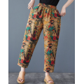 Women vintage cotton linen printed pants casual pants