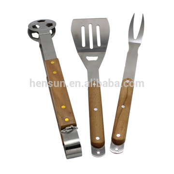 Wooden Handle 3pcs Stainless Steel BBQ Tools Set