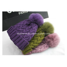 Настроить настоящий мех POM POM Hand Knitted Hat Зимняя шапка