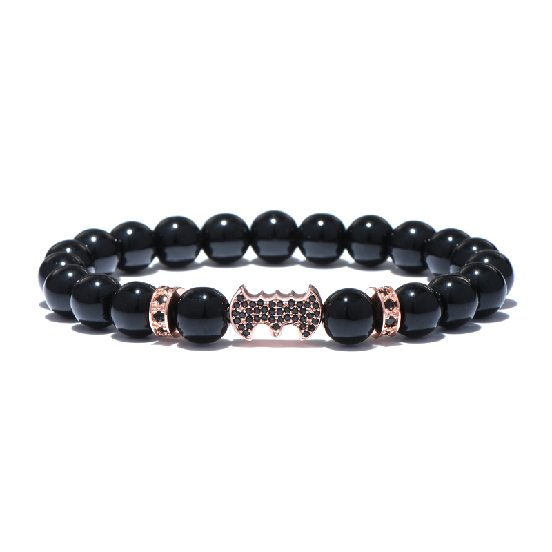 Bat Charm Natural Agate Stone Beads Mens Bracelets