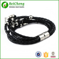 Hombres moda pulsera de cuero genuino negro plata corazón con brazaletes del Rhinestone de la pulsera de acero inoxidable