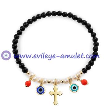 Evil Eye Pray Bracelet Evil Eye Cross Vermeil Stretch Bracelet