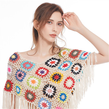 Hand hook colorful crochet lace flower dress accessories beach sun protection tassel shawl cape scarf vest