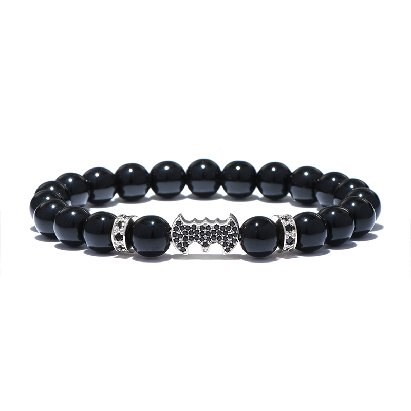 Bat Charm Natural Agate Stone Beads Mens Bracelets