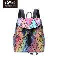 Custom geometric laser color focus PU leather backpack for kid school bag women travel laptop backpack